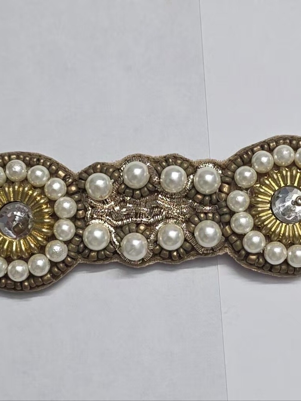 Deepa Gurnani Pearl Crystal Gold Embellished Elastic Headband NWT Handmade